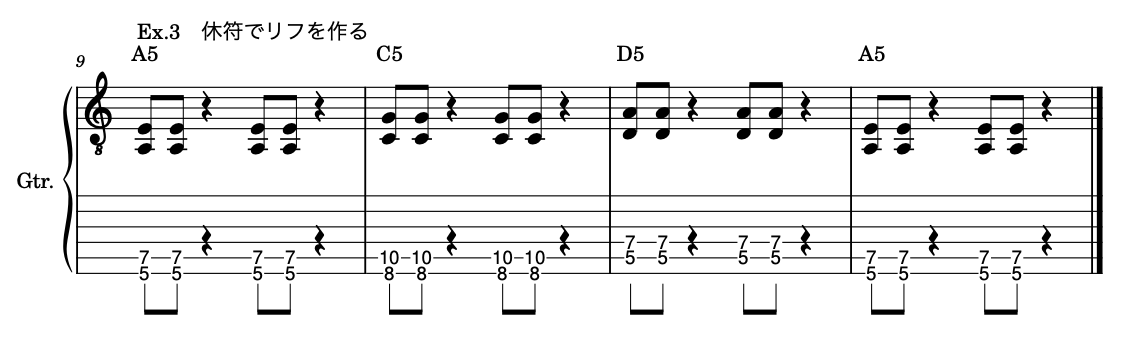 練習3 八分音符2つと四分休符を繰り返すパワーコードのリフ