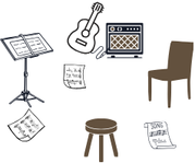 ギター、アンプ、譜面台、椅子を描いたGuitarコトコトのイラスト